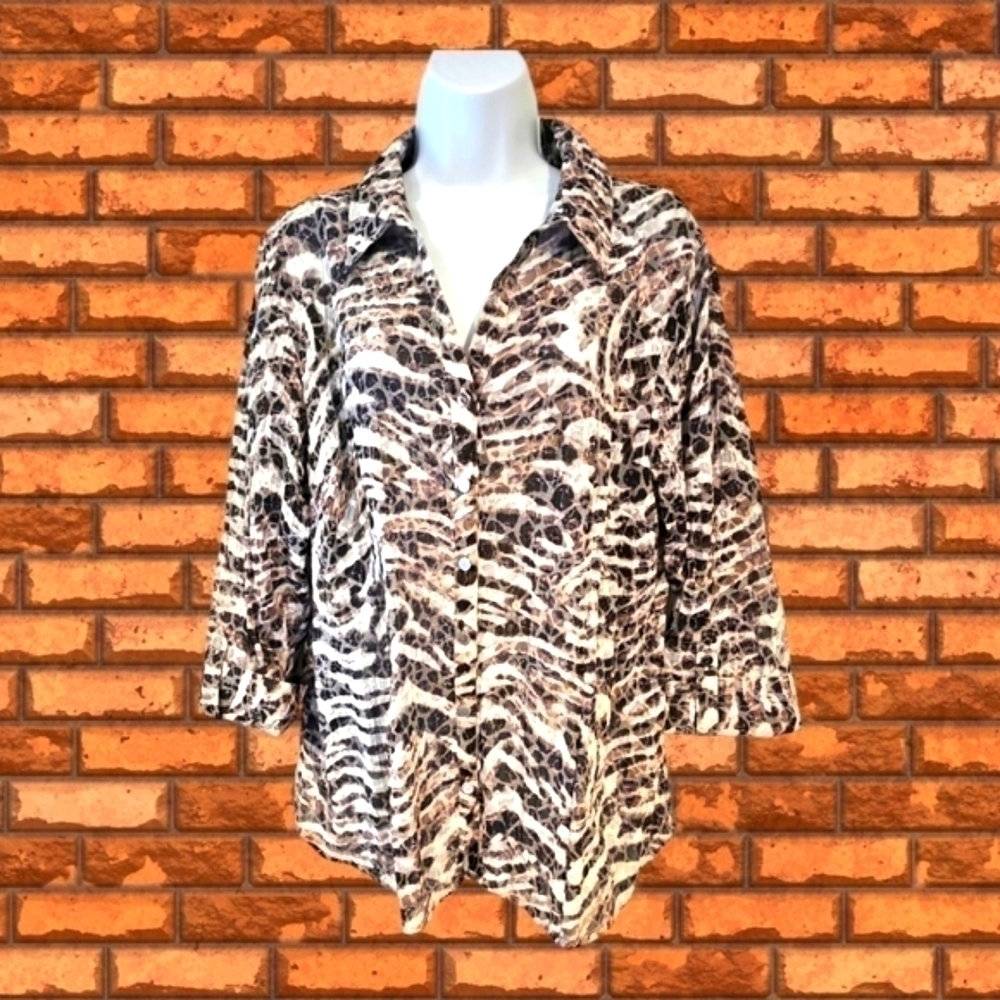 JM COLLECTION Semi Sheer 3/4 Sleeve Sequin Button Top sz 16 - Picture 3 of 12